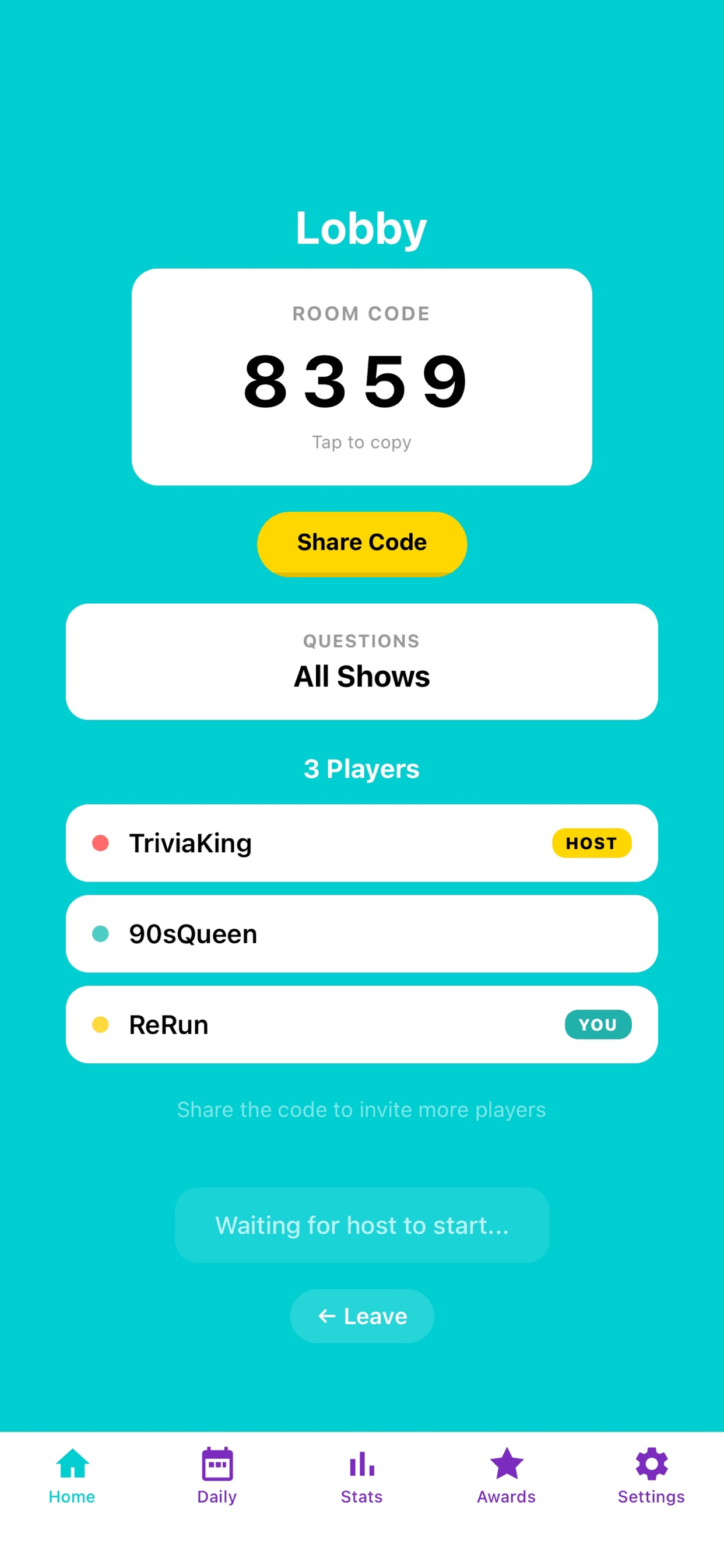 Online multiplayer lobby with room code