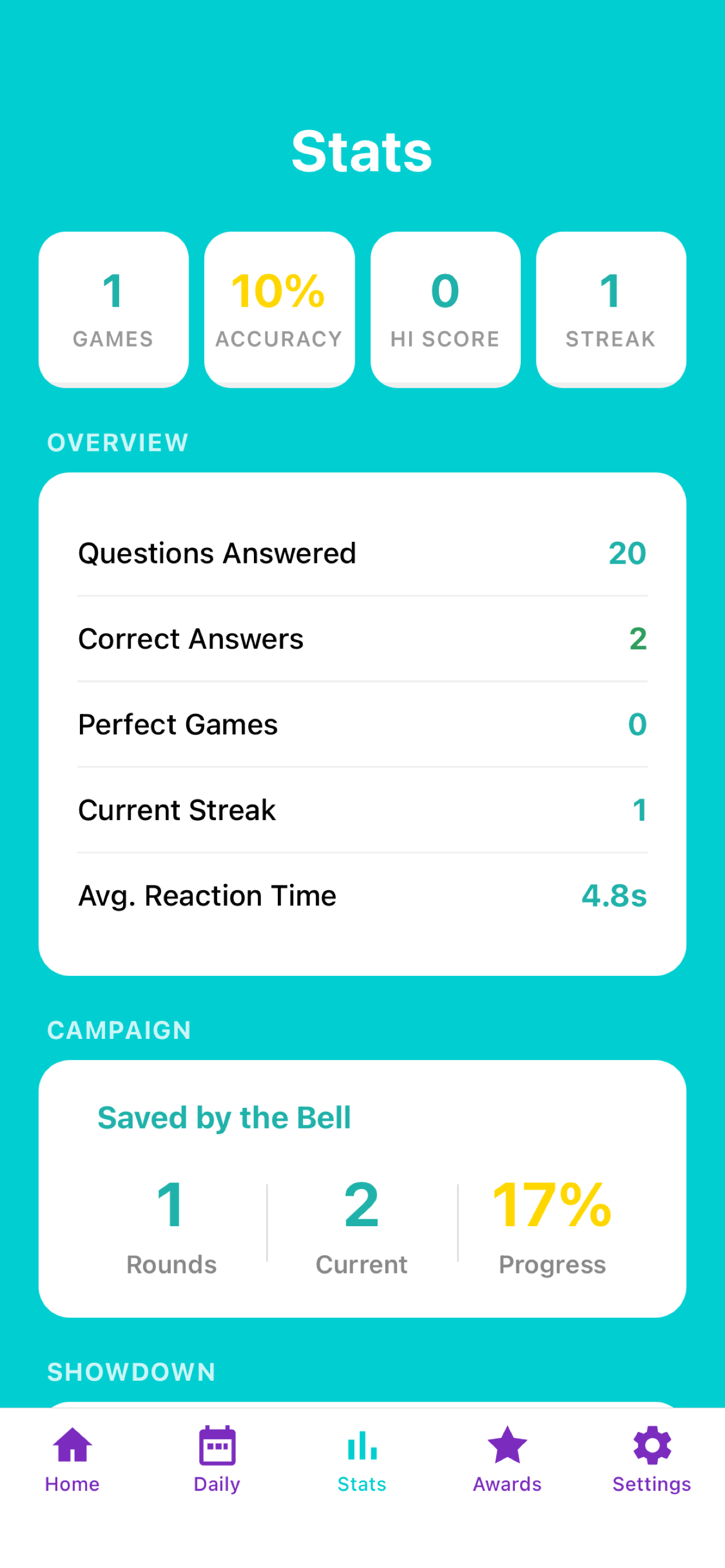 Stats page with show-by-show accuracy