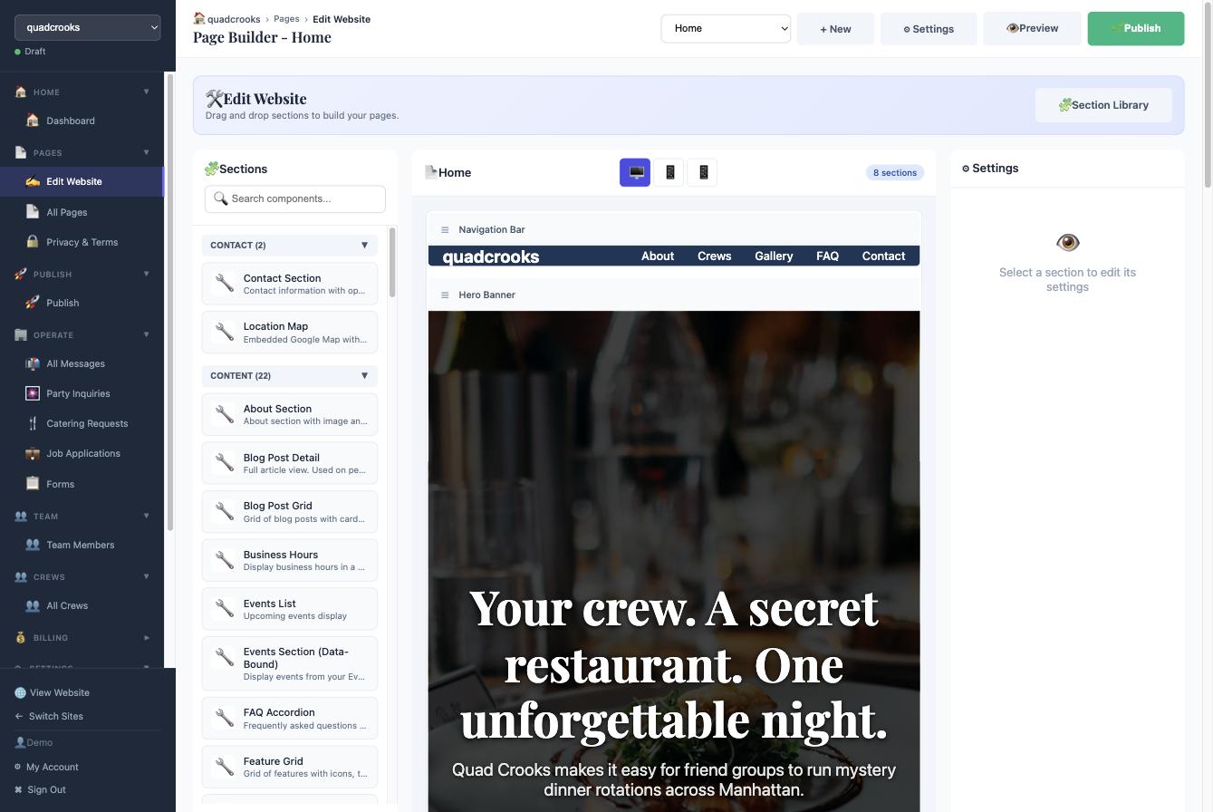 Site Engine drag-and-drop page builder showing a live tenant site being edited section by section, with a Section Library on the left and a live preview panel