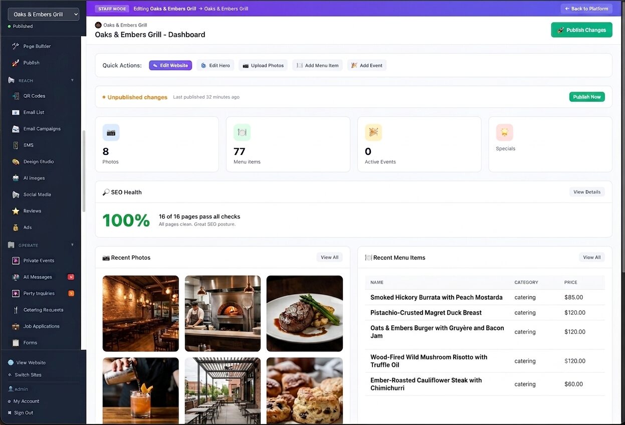 Site Engine dashboard for Oaks & Embers Grill showing quick actions, content stats, SEO health, and recent activity
