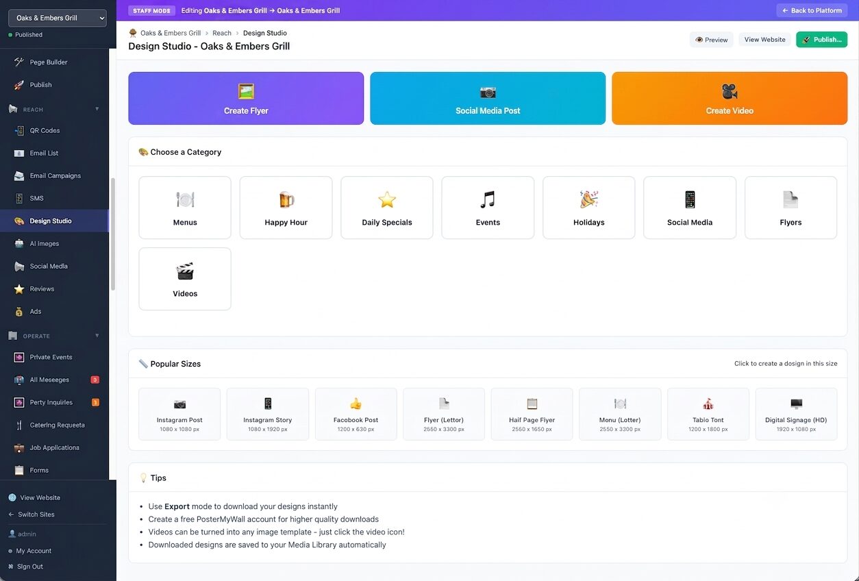 Design Studio view with options to create flyers, social media posts, and videos across categories like menus, happy hour, events