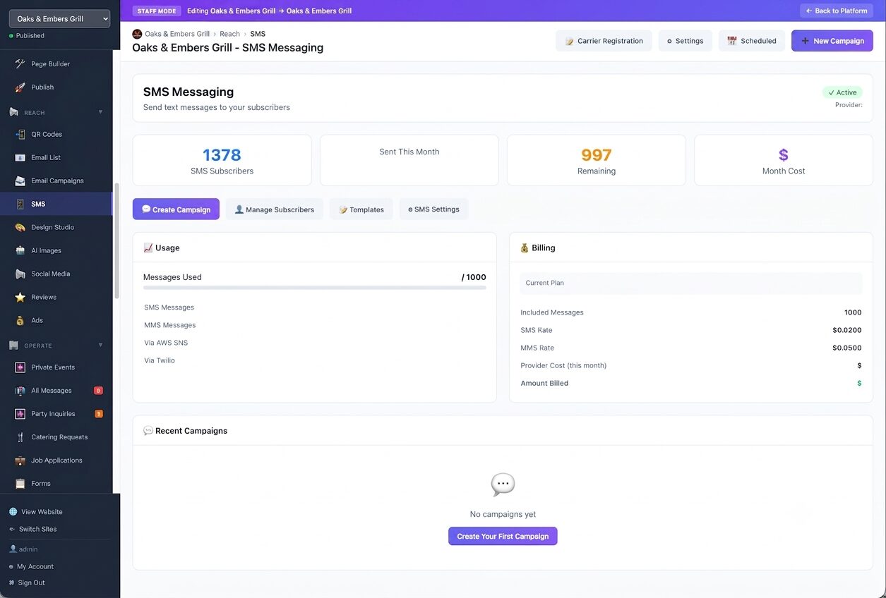 SMS Messaging dashboard showing 1,378 subscribers, 997 messages remaining, and provider billing details
