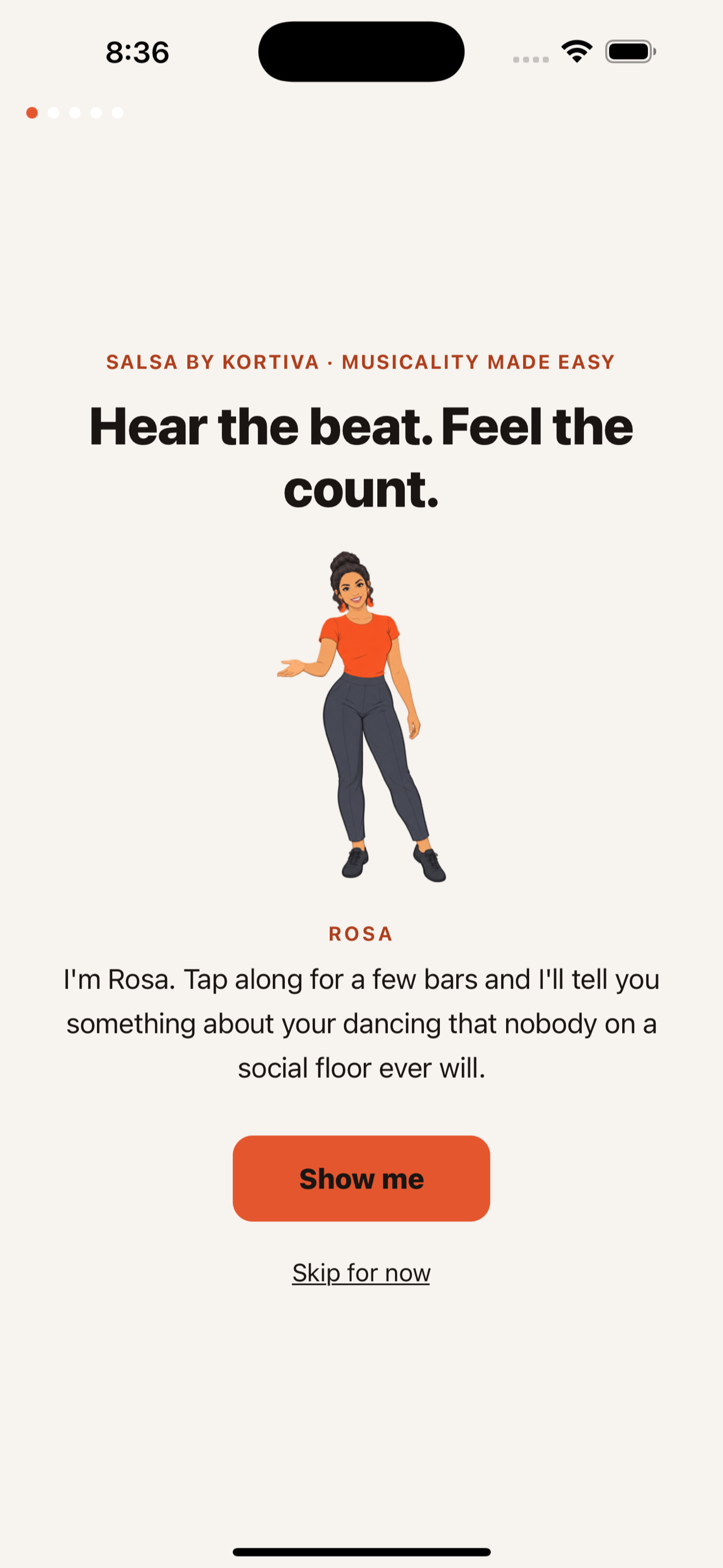 Rosa opens the app. "Hear the beat. Feel the count."