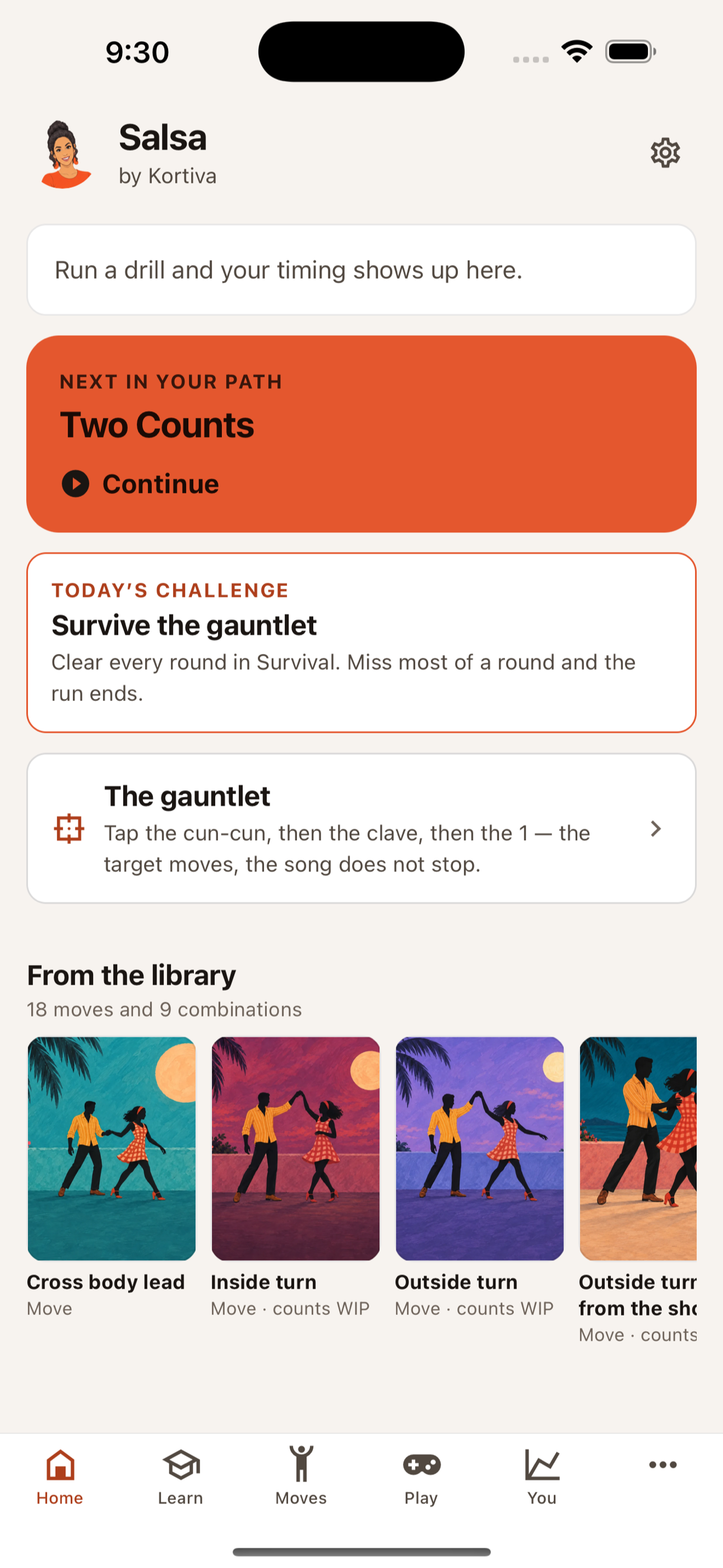 Today's path, the daily challenge, and the move library strip.